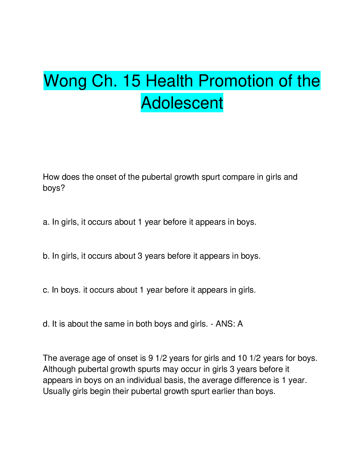 Preview image for Wong Ch. 15 Health Promotion of the  Adolescent